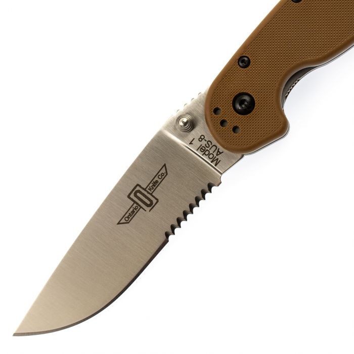 Нож складной полусеррейторный Ontario RAT-1, сталь Aus-8. Клинок - Satin, Рукоять - Brown GRN